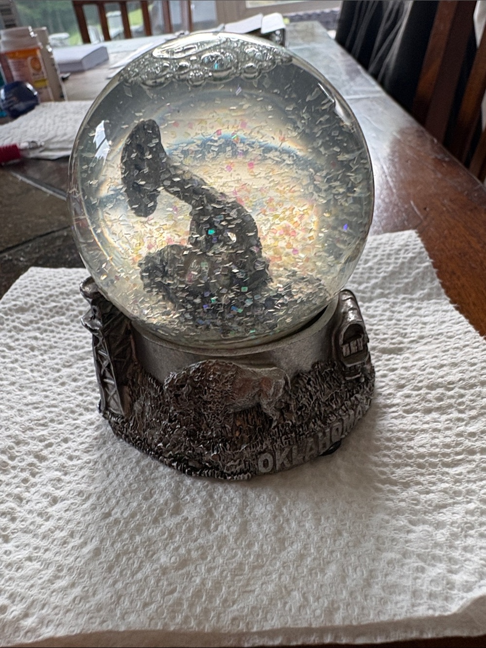Silver Oklahoma Souvenir Snow Globe with Black Silhouette